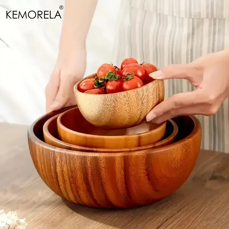 Nested acacia wooden salad bowl set dining room serving decor