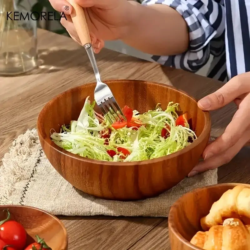 Nested acacia wooden salad bowl set dining room serving decor