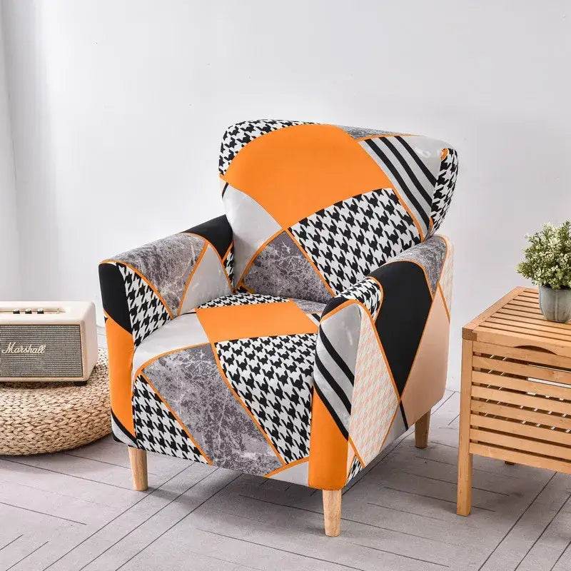 Geometric orange & black accent chair cover – living room slipcover