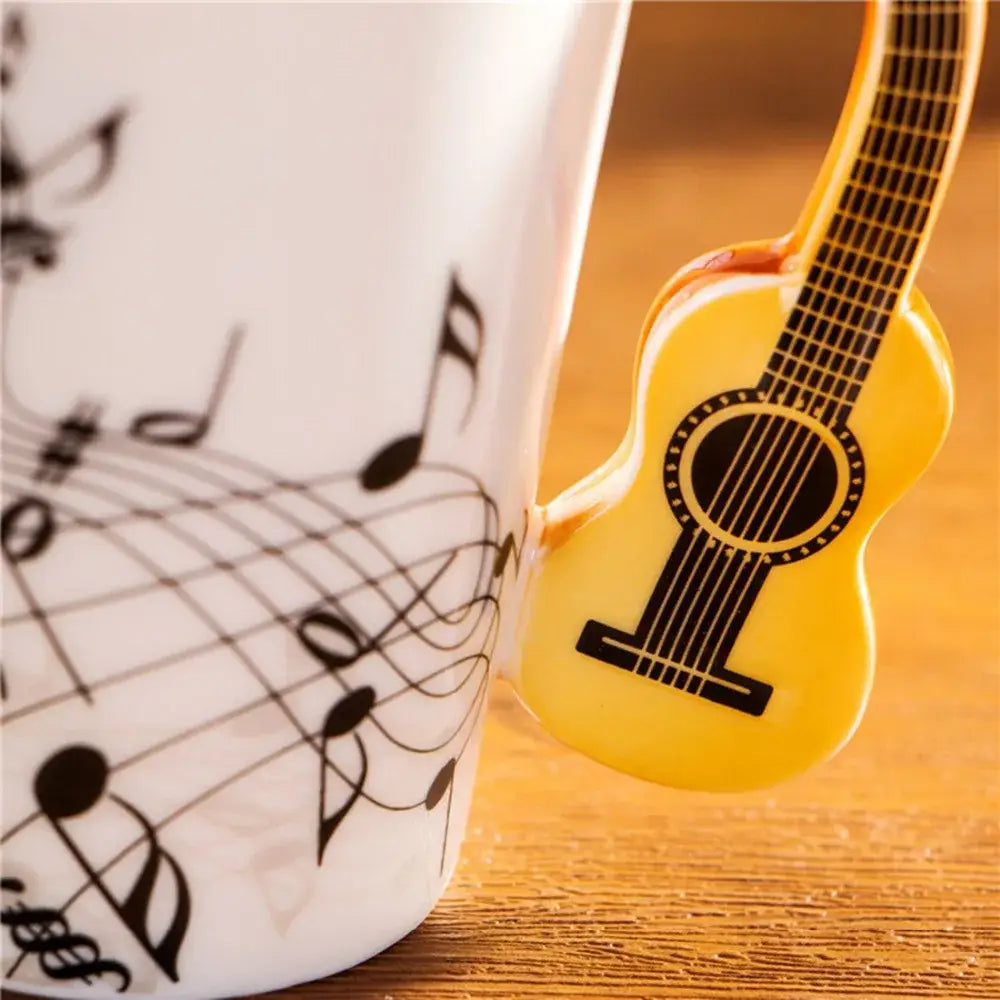 White and yellow acoustic guitar mug kitchen ceramic music cup