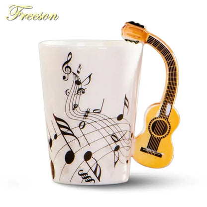 White and yellow acoustic guitar mug kitchen ceramic music cup