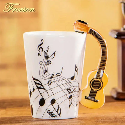 White and yellow acoustic guitar mug kitchen ceramic music cup