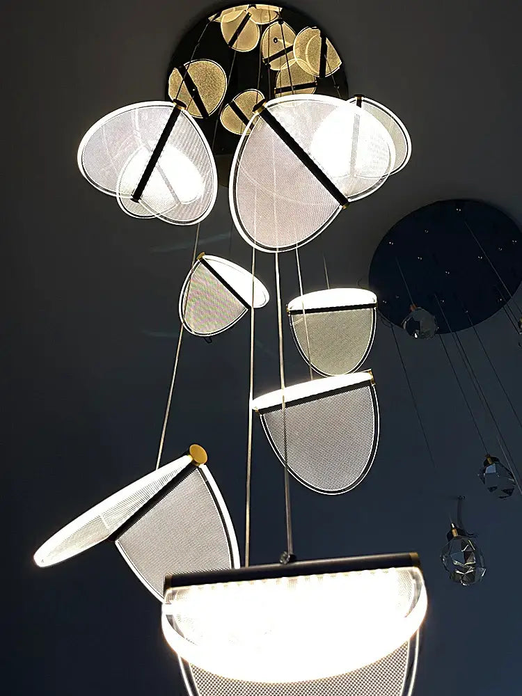 Modern metallic mesh acrylic blade stair chandelier for dining room