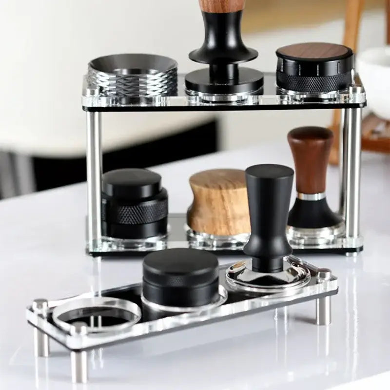 Clear acrylic coffee bar powder press rack kitchen utensil stand