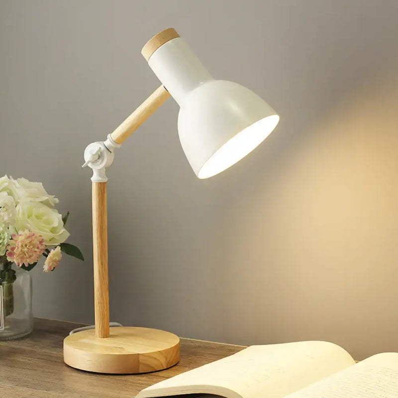 Minimalist white metal table lamp with wood accents for bedroom