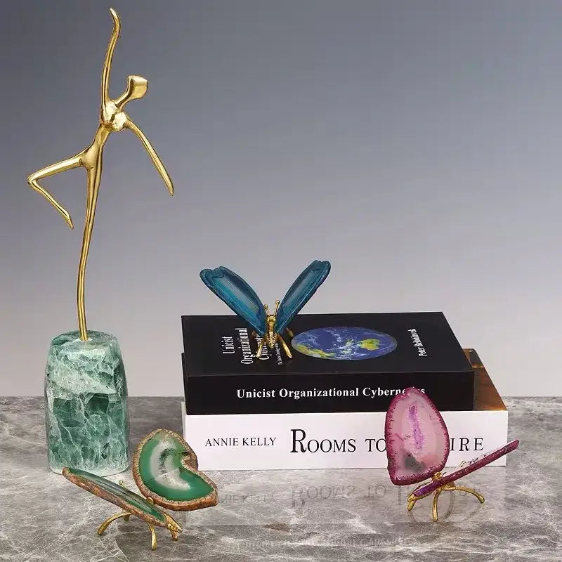 agate butterfly ornament set living room brass decor