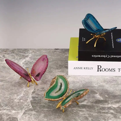 agate butterfly ornament set living room brass decor