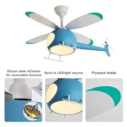 Blue & teal aircraft ceiling fan chandelier for kids bedroom