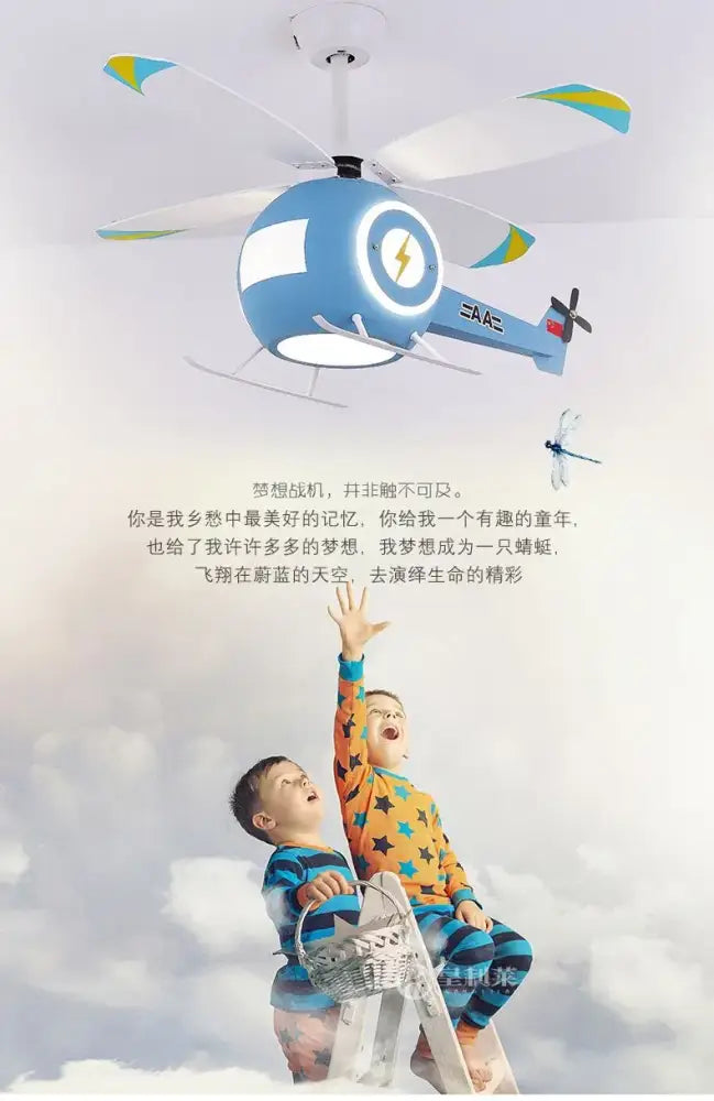 Blue helicopter ceiling fan light – kids bedroom remote chandelier