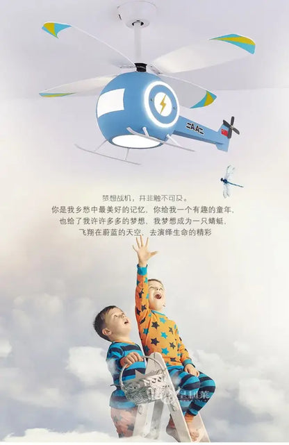 Blue helicopter ceiling fan light – kids bedroom remote chandelier