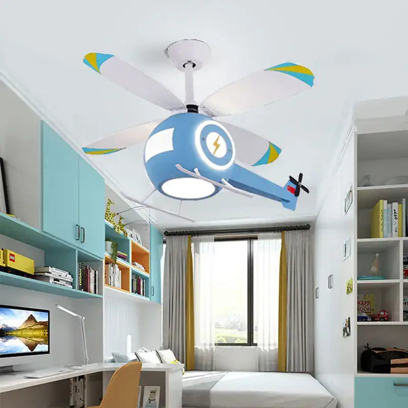 Blue helicopter ceiling fan light – kids bedroom remote chandelier