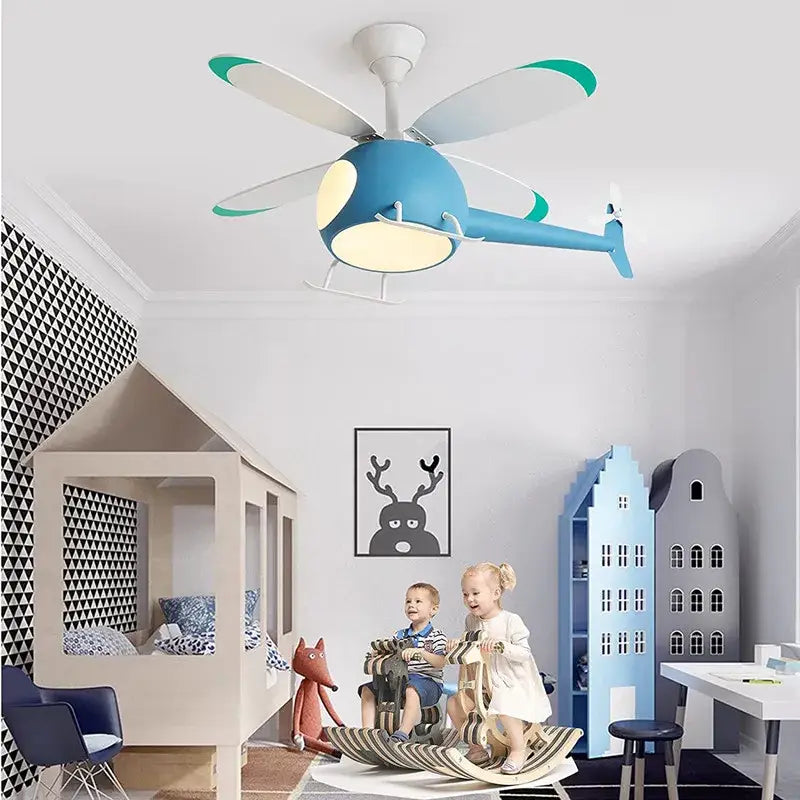 Blue helicopter aircraft chandelier ceiling fan bedroom light