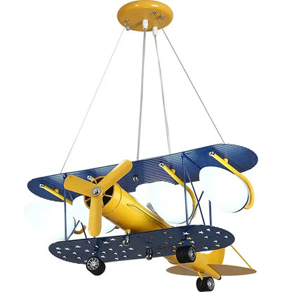 Cartoon blue & yellow airplane chandelier kids led lights bedroom