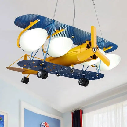 Cartoon blue & yellow airplane chandelier kids led lights bedroom