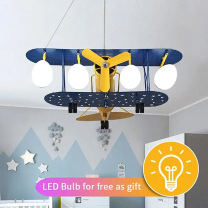 Cartoon blue & yellow airplane chandelier kids led lights bedroom