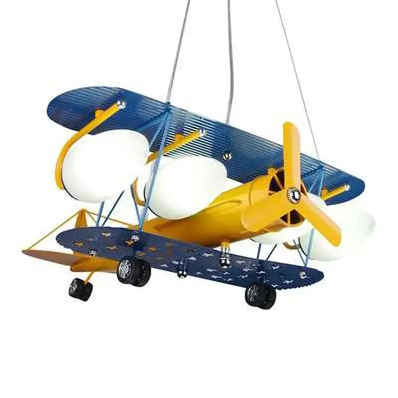 Cartoon blue & yellow airplane chandelier kids led lights bedroom