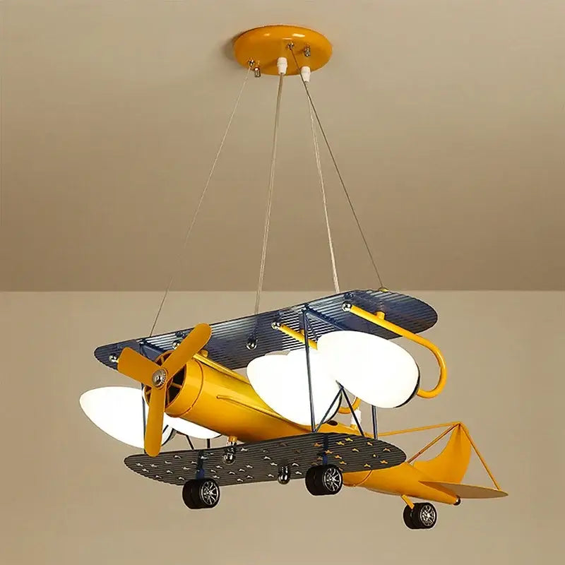 Cartoon blue & yellow airplane chandelier kids led lights bedroom