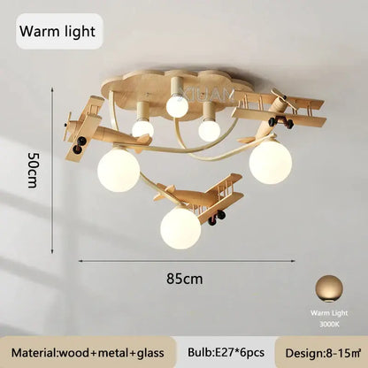 Wooden airplane chandelier light with cloud base for nursery room