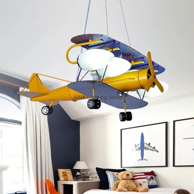 Whimsical yellow & blue airplane kids led chandelier bedroom light