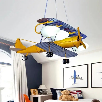 Whimsical yellow & blue airplane kids led chandelier bedroom light