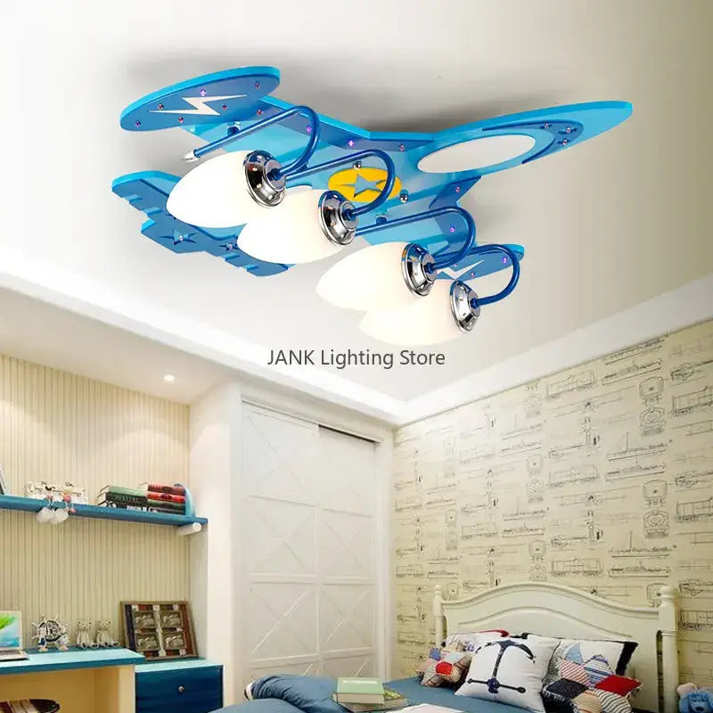 Whimsical yellow & blue airplane kids led chandelier bedroom light