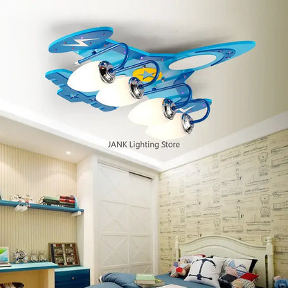 Whimsical yellow & blue airplane kids led chandelier bedroom light