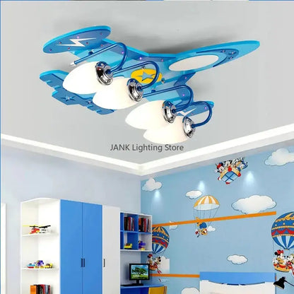 Whimsical yellow & blue airplane kids led chandelier bedroom light