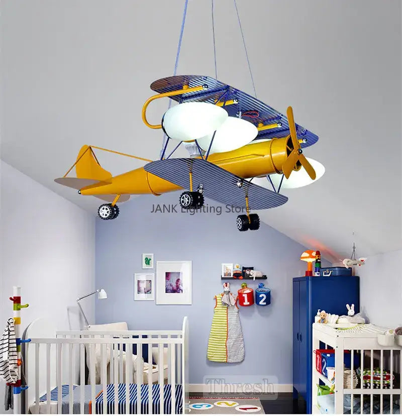 Whimsical yellow & blue airplane kids led chandelier bedroom light