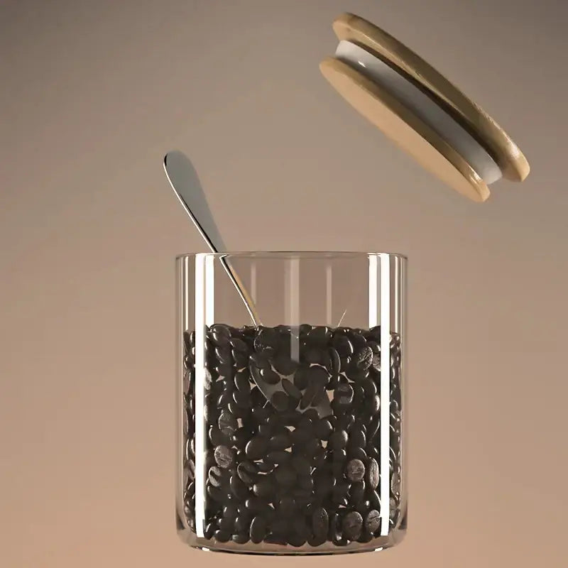 Striped glass coffee bean storage jar with bamboo lid for kitchen