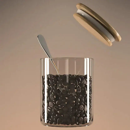 Striped glass coffee bean storage jar with bamboo lid for kitchen