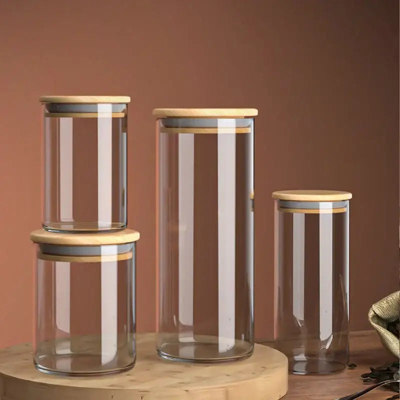 Striped glass coffee bean storage jar with bamboo lid for kitchen