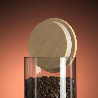 Striped glass coffee bean storage jar with bamboo lid for kitchen