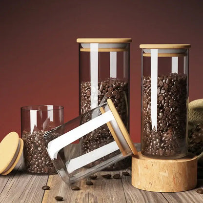 Striped glass coffee bean storage jar with bamboo lid for kitchen