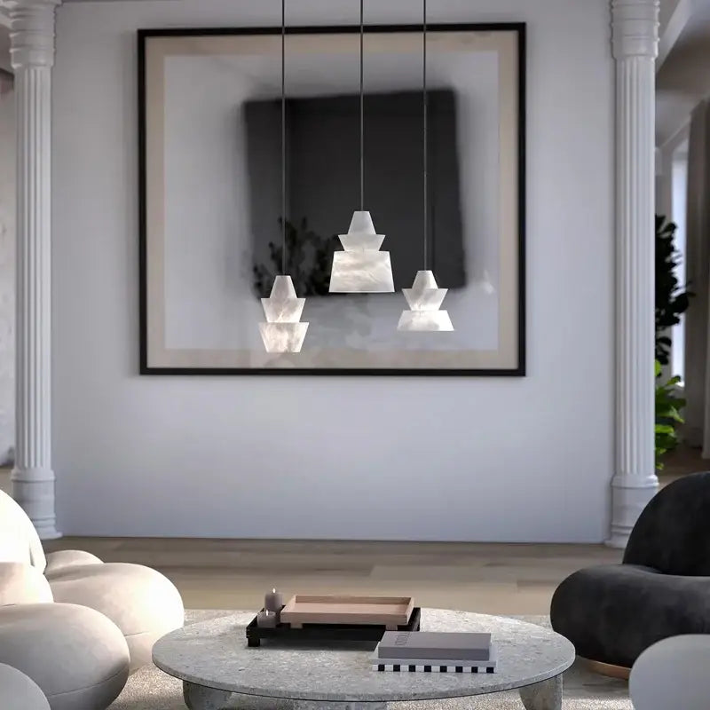 Elegant white & beige alabaster pendant lights living room teardrop