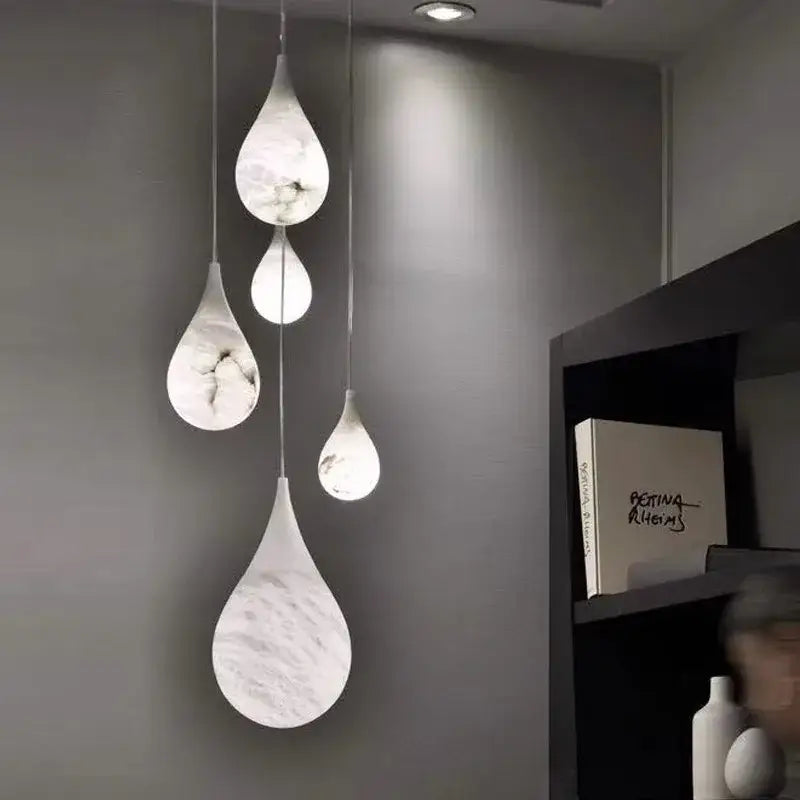 Elegant white & beige alabaster pendant lights living room teardrop