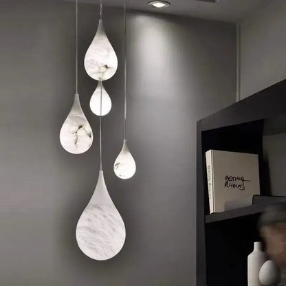 Elegant white & beige alabaster pendant lights living room teardrop