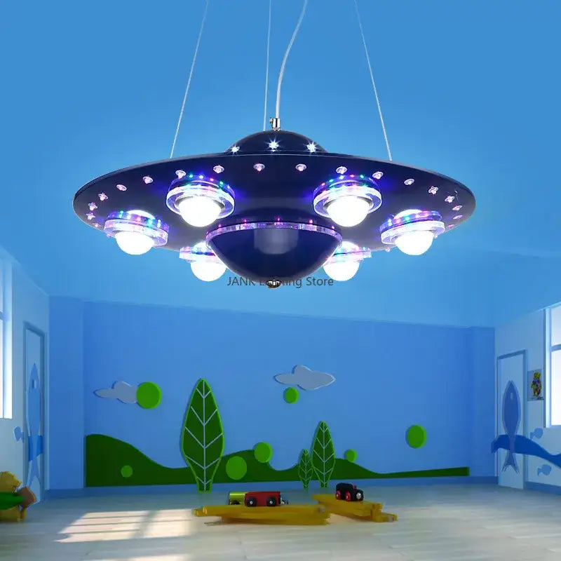 Alien ufo blue iron art chandelier for childrens bedroom