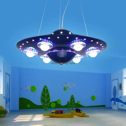 Alien ufo blue iron art chandelier for childrens bedroom