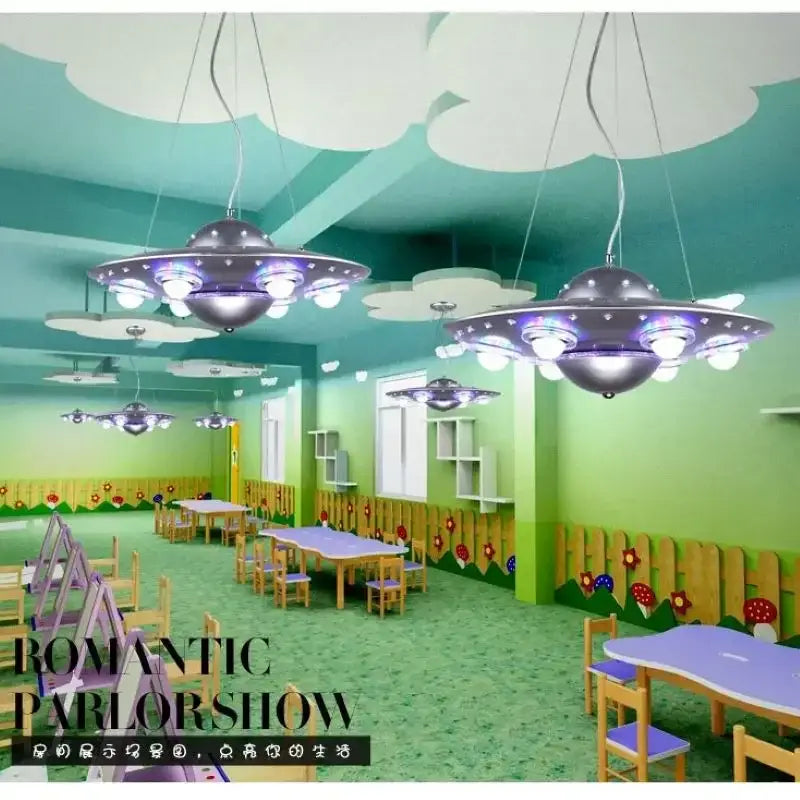 Alien ufo blue iron art chandelier for childrens bedroom