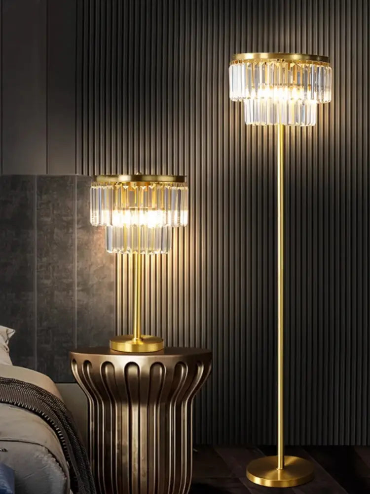 Luxury gold brass crystal floor lamp living room lighting set