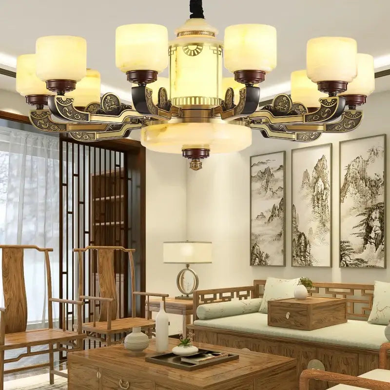 Ornate copper jade chandelier for dining room lighting
