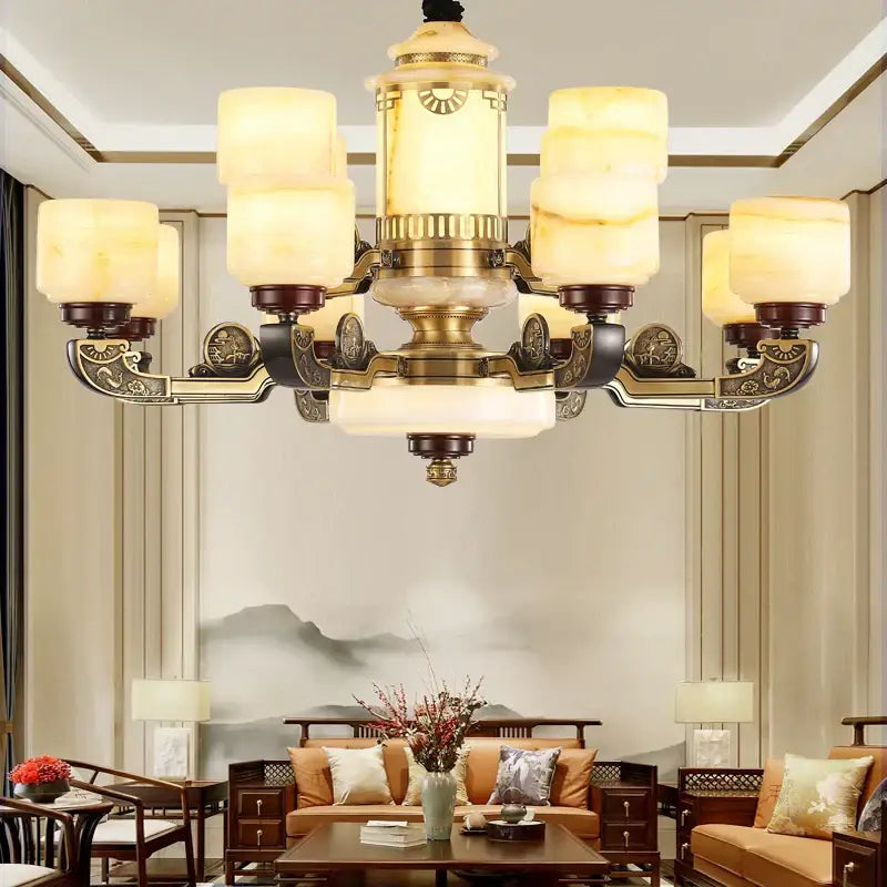 Ornate copper jade chandelier for dining room lighting
