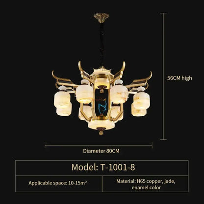 Chinese style golden copper jade chandelier living room lantern light