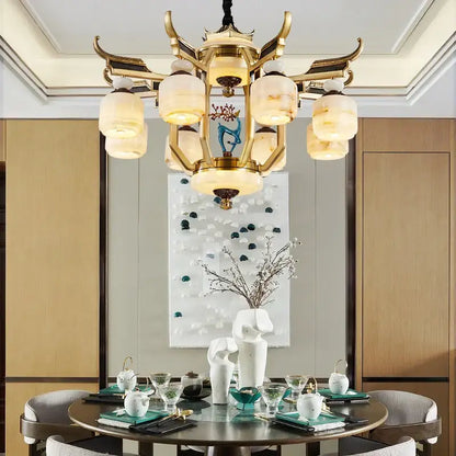 Chinese style golden copper jade chandelier living room lantern light