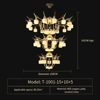 Chinese style golden copper jade chandelier living room lantern light
