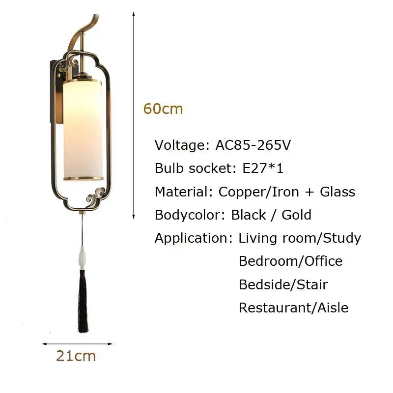 Ornate copper wall lamp with tassel for bedroom and living room