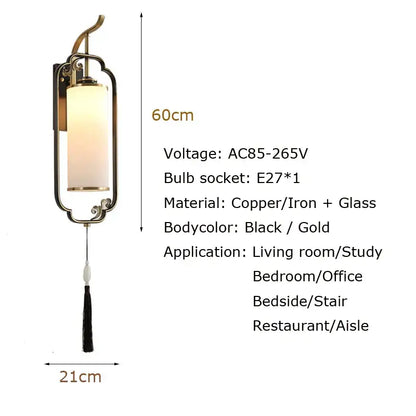 Ornate copper wall lamp with tassel for bedroom and living room