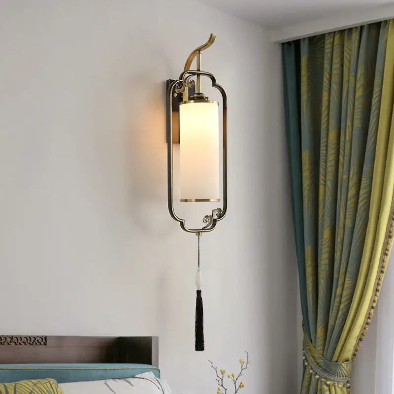 Ornate copper wall lamp with tassel for bedroom and living room