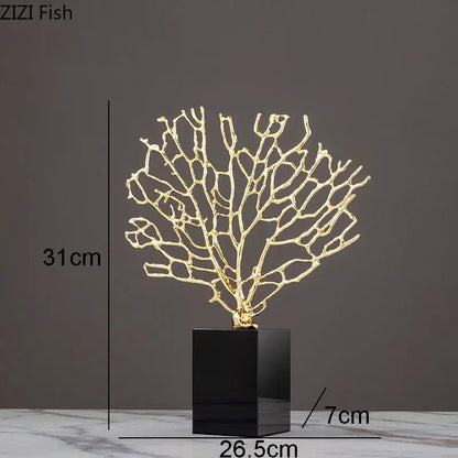 Modern golden alloy coral crafts on crystal base living room decor