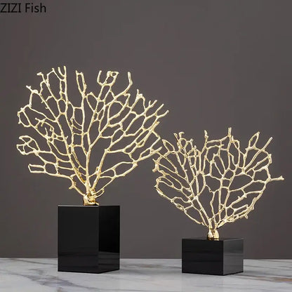 Modern golden alloy coral crafts on crystal base living room decor